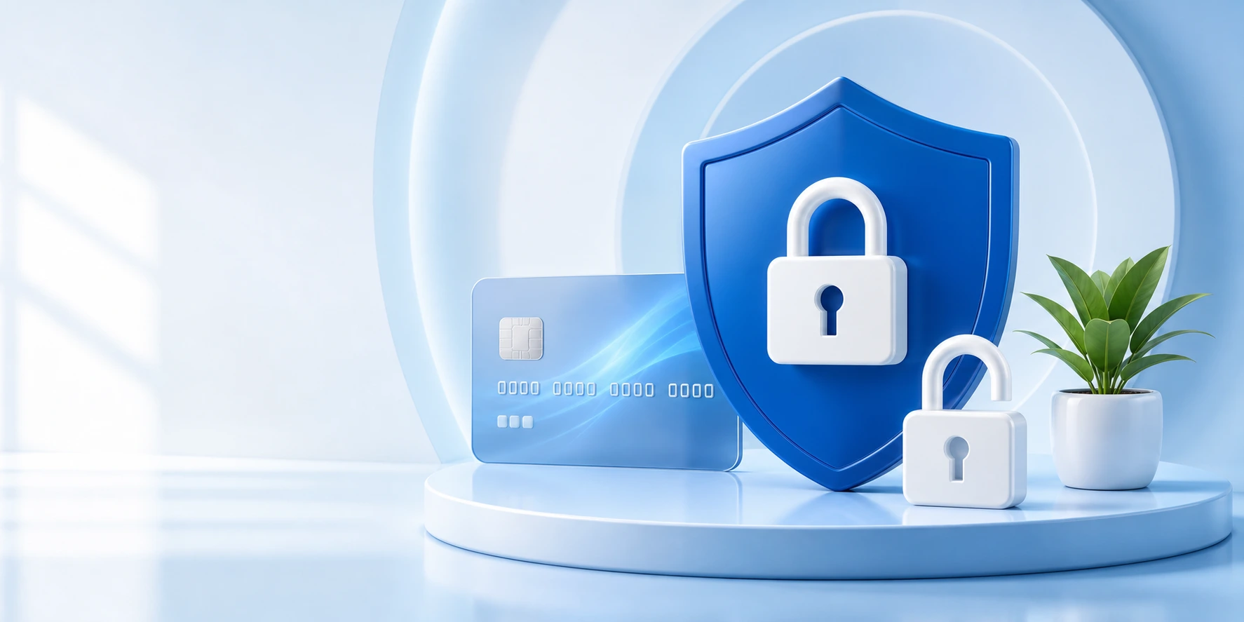 Bank card, shield and padlock symbolising secure payment